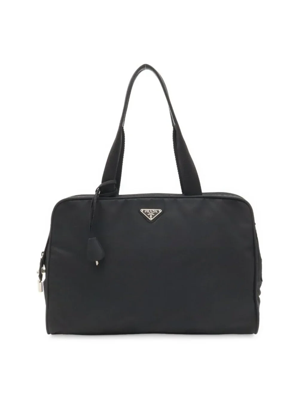 Prada Triangle Logo Business Briefcase Tote Bag Nylon Leather Black Silver